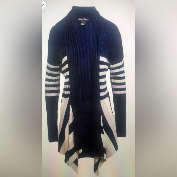 Navy & White Thick Stripe Ribbed Drape-Hem Classic Cardigan (NWT- New!) - Picture 1 of 3